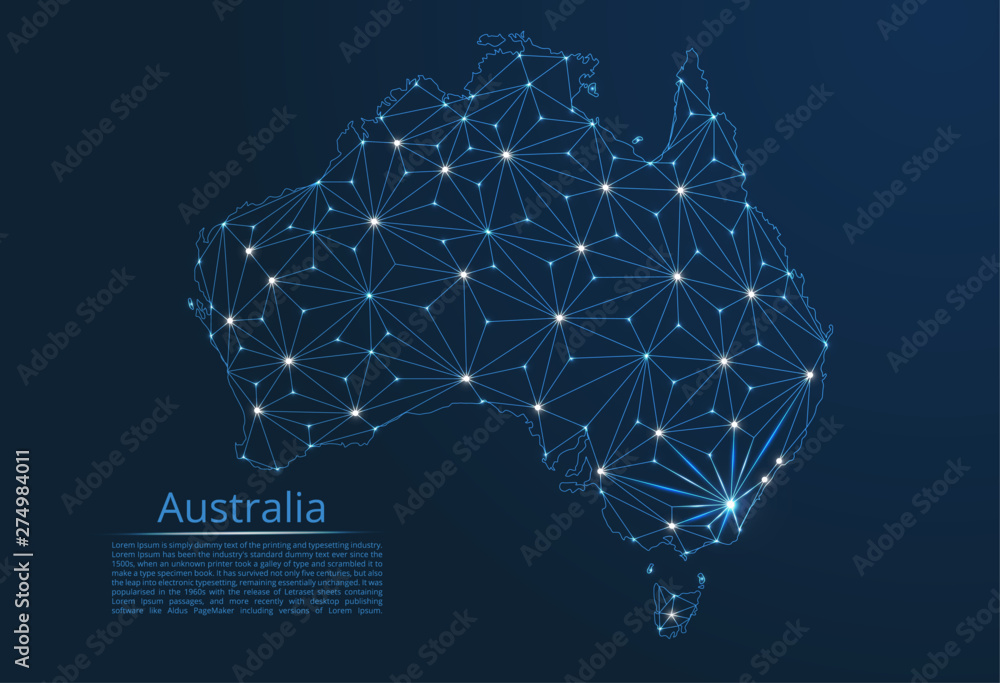 Poster australia communication network map. vector low poly image of a global map with lights in the form o