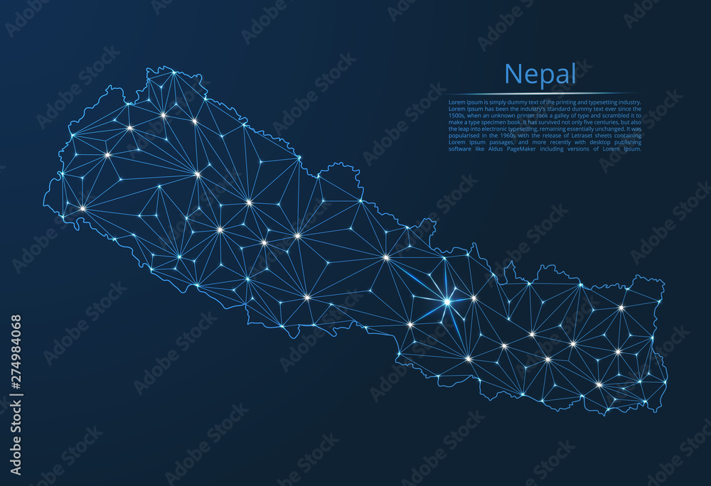 Poster nepal communication network map. vector low poly image of a global map with lights in the form of ci