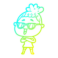 cold gradient line drawing cartoon happy woman wearing spectacles