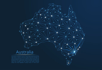 Australia communication network map. Vector low poly image of a global map with lights in the form of cities in or population density consisting of points and shapes in the form of stars and space. © Tetiana