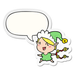 cartoon happy christmas elf and speech bubble sticker
