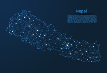 Nepal communication network map. Vector low poly image of a global map with lights in the form of cities in or population density consisting of points and shapes in the form of stars and space. - obrazy, fototapety, plakaty