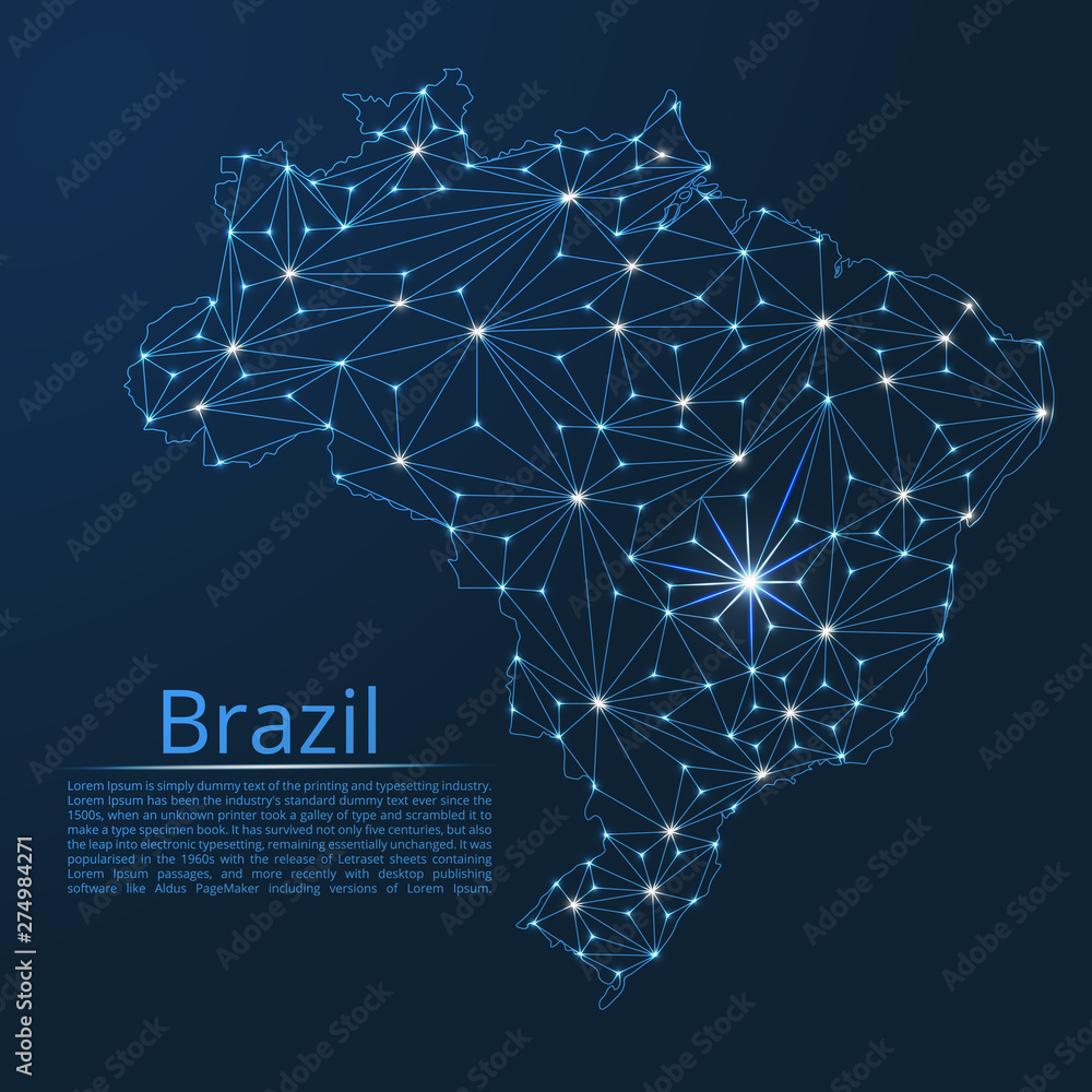 Poster brazil communication network map. vector low poly image of a global map with lights in the form of c