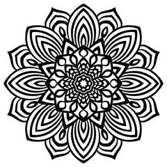 Black outline doodle chamomile flower mandala. Vintage decorative element. Ornamental round doodle flower isolated on white background. Geometric circle element. Vector illustration.
