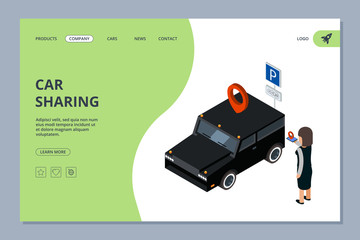 Car sharing landing page. Woman finds car with mobile app vector isometric concept. Illustration of car service app, carsharing web page