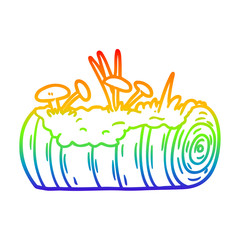 rainbow gradient line drawing cartoon old log with mushrooms