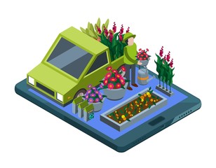 Flowers and plants online. Isometric flowers shop and plant delivery vector illustration. Business florist online store application, merchandise and delivering