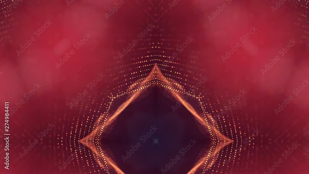Poster complex golden composition with luminous particles that form wavy structures in the air. 4k 3d loope
