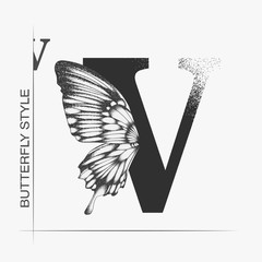 Letter V with butterfly silhouette. Monarch wing butterfly logo template isolated on white background. Calligraphic hand drawn lettering design. Alphabet concept. Monogram vector illustration