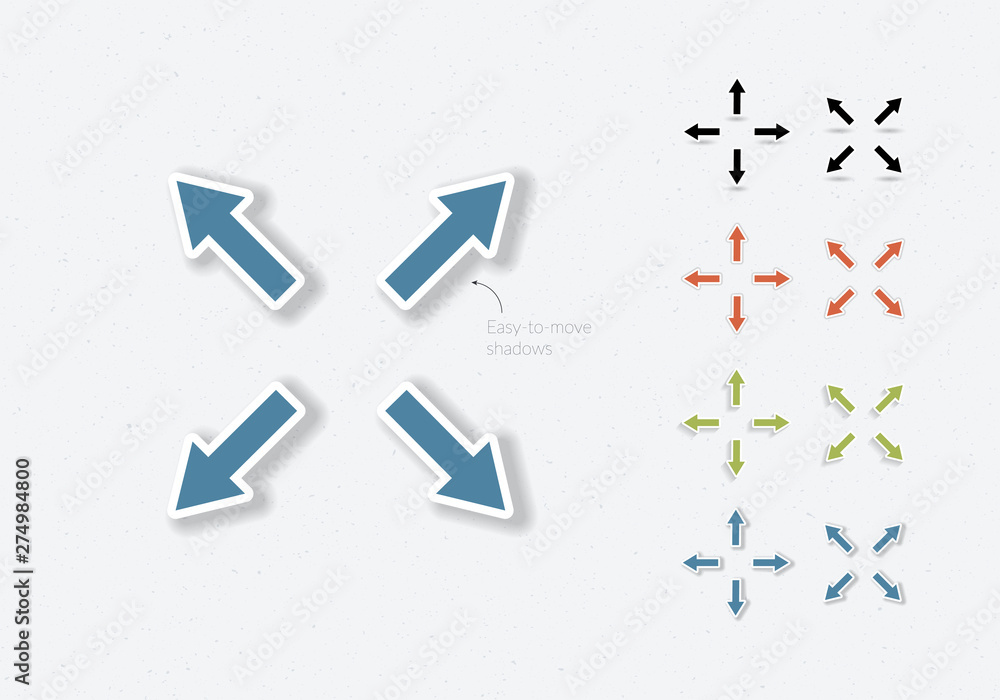 Poster set of vector paper cut arrows. easy to move shadow. different color arrow with white outline on tex