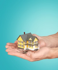 Hand of young woman holding little house model