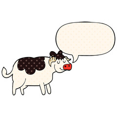 cartoon cow and speech bubble in comic book style