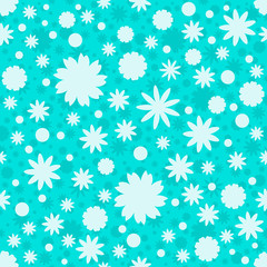 Fototapeta na wymiar Seamless pattern with turquoise stars, dots, snowflake, flowers on blue background. Sky background. Vector illustration.