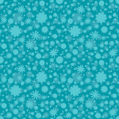 Naklejka na ściany i meble Seamless pattern with turquoise stars, dots, snowflake, flowers on blue background. Sky background. Vector illustration.