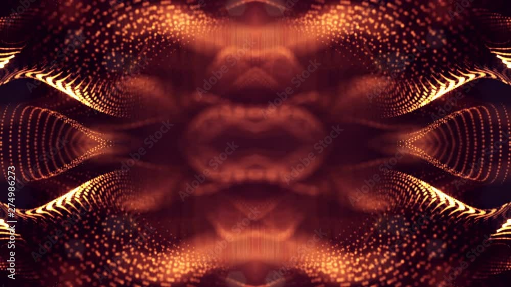 Poster complex golden composition with luminous particles that form wavy structures in the air. 4k 3d loope