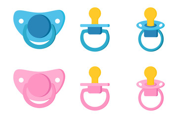 Set icons of pacifier baby dummy care nipple for newborn child , pacifiers/baby dummies blue for boy and pink for girl in diffetent view position isolated on white background. Vector illustration.