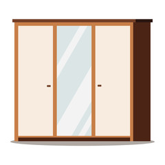 Wooden wardrobe with mirror isolated on white background. Natural material furniture. Wardrobe icon in flat style. Room interior element interior apartments design. Vector illustration.