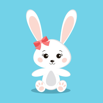 Isolated cute and sweet white rabbit girl in sitting pose with pink bow on blue background in cartoon flat style. Vector funny toy character children's design illustration.