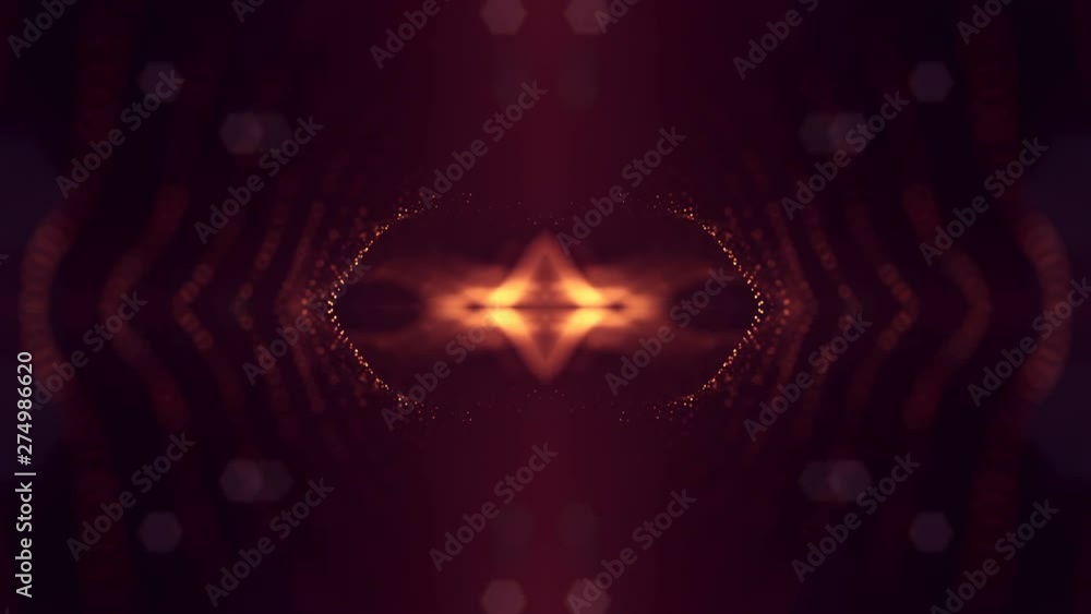 Poster complex golden composition with luminous particles that form wavy structures in the air. 4k 3d loope