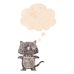 cartoon cat and thought bubble in retro textured style