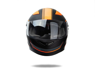 Black helmet whit orange stripes isolated on white background.