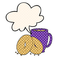 cartoon coffee and donuts and speech bubble in comic book style