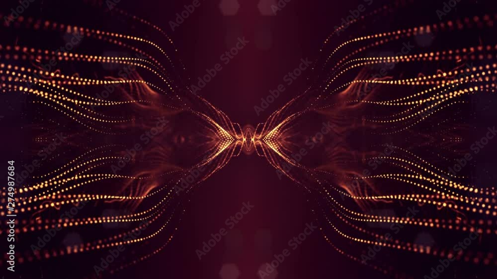Poster complex golden composition with luminous particles that form wavy structures in the air. 4k 3d loope