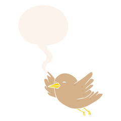 cartoon bird flying and speech bubble in retro style