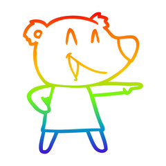 rainbow gradient line drawing cartoon bear in dress laughing and pointing