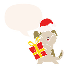cute cartoon puppy and christmas present and hat and speech bubble in retro style