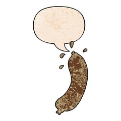 cartoon sausage and speech bubble in retro texture style