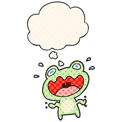 cartoon frog frightened and thought bubble in comic book style