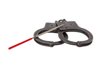 Obraz premium Police handcuffs and a file on a white isolated background