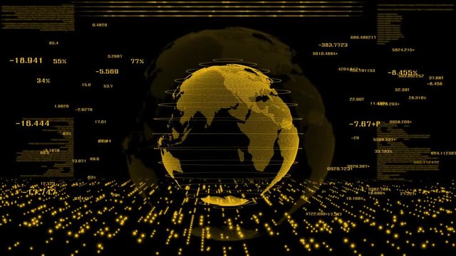 The gold world and a futuristic digital data , modern hologram technology background.