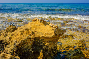 Yellow stone beach Ayia Napa with blue clear sea and green plants in the loukkos tou Mandi beach area