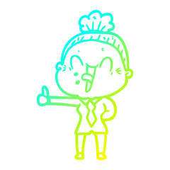 cold gradient line drawing cartoon happy old woman