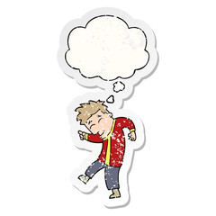 cartoon dancing man and thought bubble as a distressed worn sticker