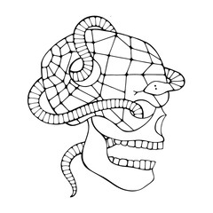 Vector black and white hand drawn illustration, skull with snake, tooth, silhouette face of human Print horror for t shirt Mexican style, day of the dead Mexico, halloween Sketch, tattoo drawing.