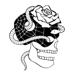 Vector black and white hand drawn illustration, skull with snake, rose tooth, silhouette face of human Print horror for t shirt Mexican style, day of the dead Mexico, halloween Sketch, tattoo drawing.