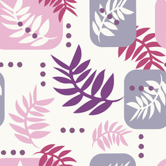 Leaves, geometric shapes seamless pattern with a mid century flair. Purple, dusky pink, red violet and cool gray on a neutral off white background. Great for home decor, textiles, fashion and paper.