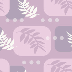 Fototapeta na wymiar Leaves, geometric shapes seamless pattern with mid century flair. Soft, muted tonal design makes a great background for graphic design. Beautiful for home decor, textiles, fashion and paper. Vector.