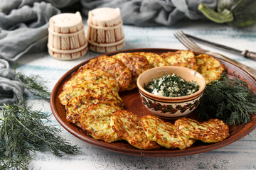 Zucchini fritters are laid out on a plate, in the center there is sour cream sauce with garlic and dill
