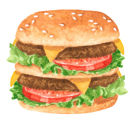 Fastfood, double hamburger with salad leaves, tomatoes and cheese, hand drawn watercolor illustration isolated on white