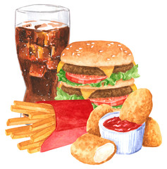 Fastfood set, ketchup, hamburger, french fies, cola, chicken nuggets, hand drawn watercolor illustration isolated on white
