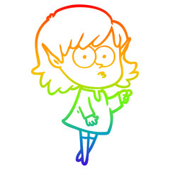 rainbow gradient line drawing cartoon elf girl pointing