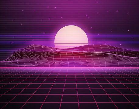 Scifi Virtual Reality Landscape In 80s Digital Retrofuturistic Style. Vector Cyberpunk Illustration With Purple Grid Floor. Arcade Videogame With Neon Laser Grid. Synthwave, Retrowave Wallpaper Design