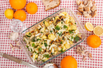 Grilled Codfish with potatoes and olive oil.