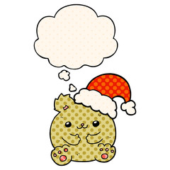 cute cartoon christmas bear and thought bubble in comic book style