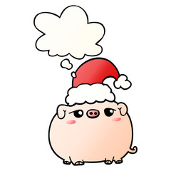 cartoon pig wearing christmas hat and thought bubble in smooth gradient style