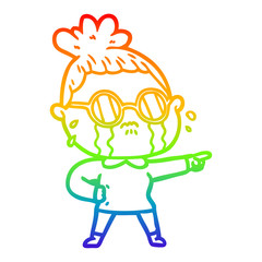 rainbow gradient line drawing cartoon crying woman wearing spectacles